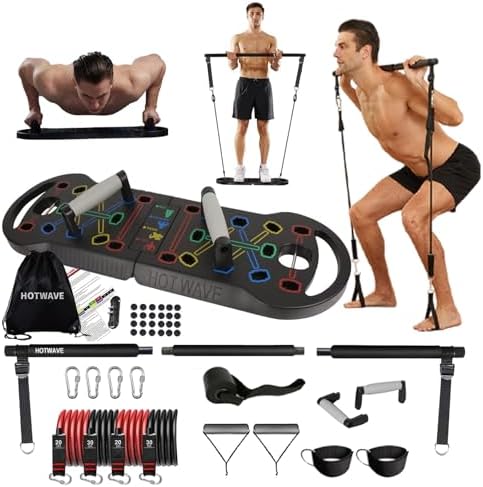 HOTWAVE Portable Exercise Equipment with 16 Gym Accessories.20 in 1 Push Up Board Fitness,Resistance Bands with Ab Roller Wheel,Full Body Workout at Home