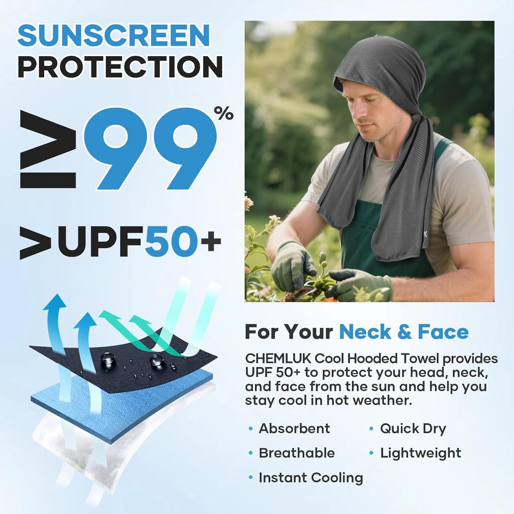 Cooling Hoodie Towel: Cooling Towels for Neck and Face, Quick-Dry Absorbent Soft Breathable Sweat Neck Wraps, Instant Cool Hooded Towels for Hot Weather Running Camping Travel - Black