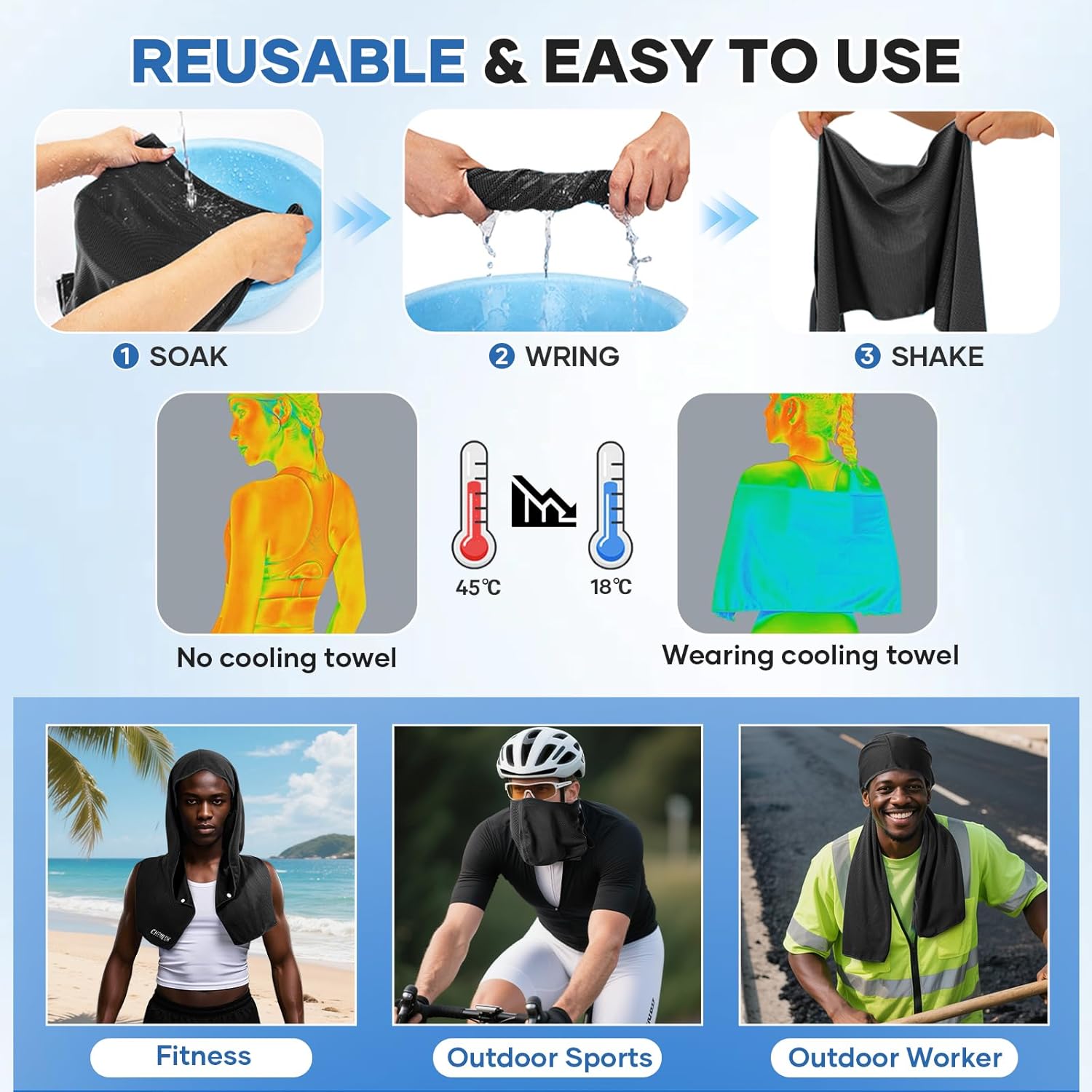Cooling Hoodie Towel: Cooling Towels for Neck and Face, Quick-Dry Absorbent Soft Breathable Sweat Neck Wraps, Instant Cool Hooded Towels for Hot Weather Running Camping Travel - Black