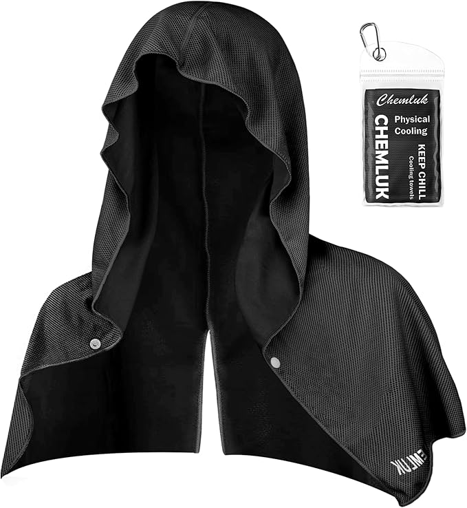 Cooling Hoodie Towel: Cooling Towels for Neck and Face, Quick-Dry Absorbent Soft Breathable Sweat Neck Wraps, Instant Cool Hooded Towels for Hot Weather Running Camping Travel - Black