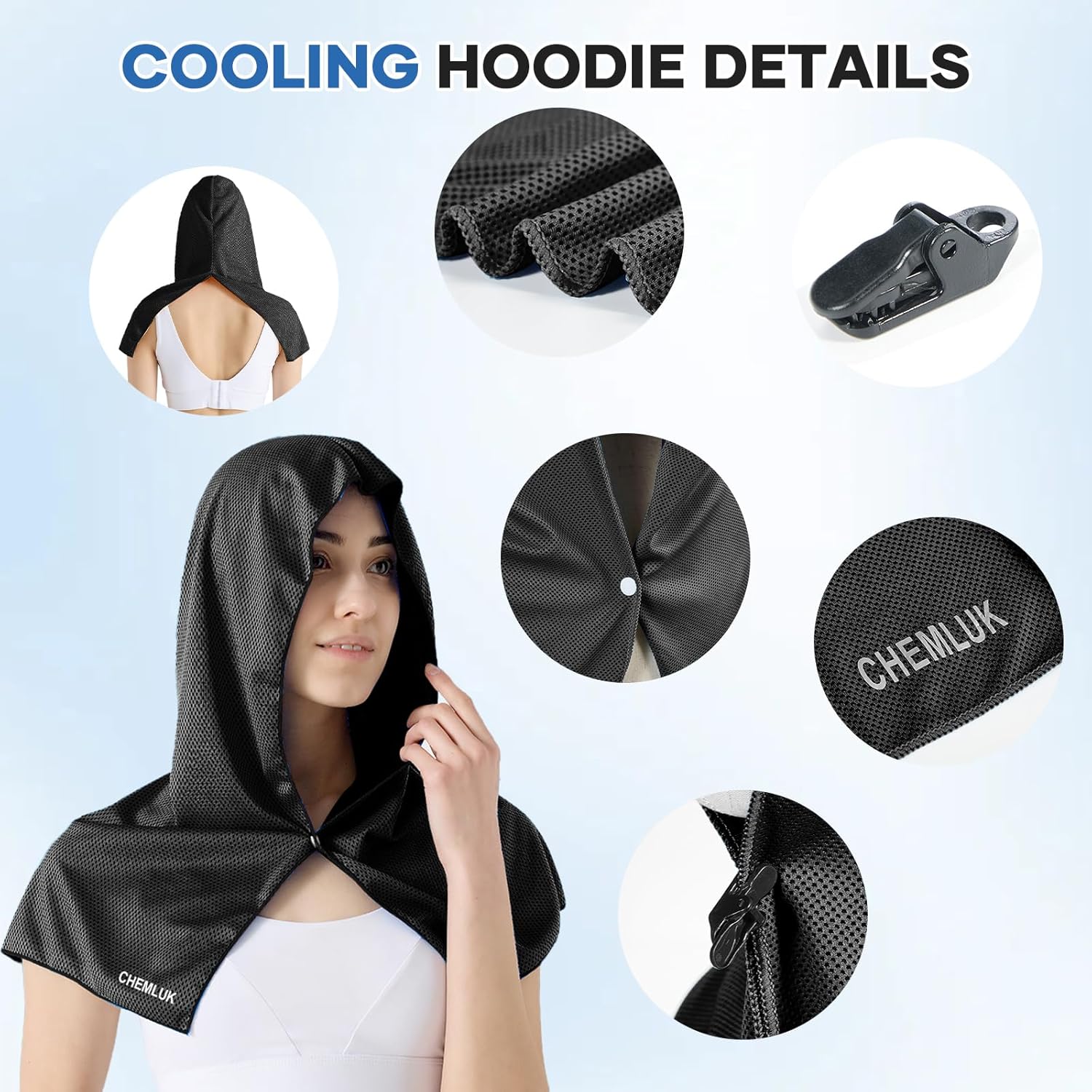 Cooling Hoodie Towel: Cooling Towels for Neck and Face, Quick-Dry Absorbent Soft Breathable Sweat Neck Wraps, Instant Cool Hooded Towels for Hot Weather Running Camping Travel - Black