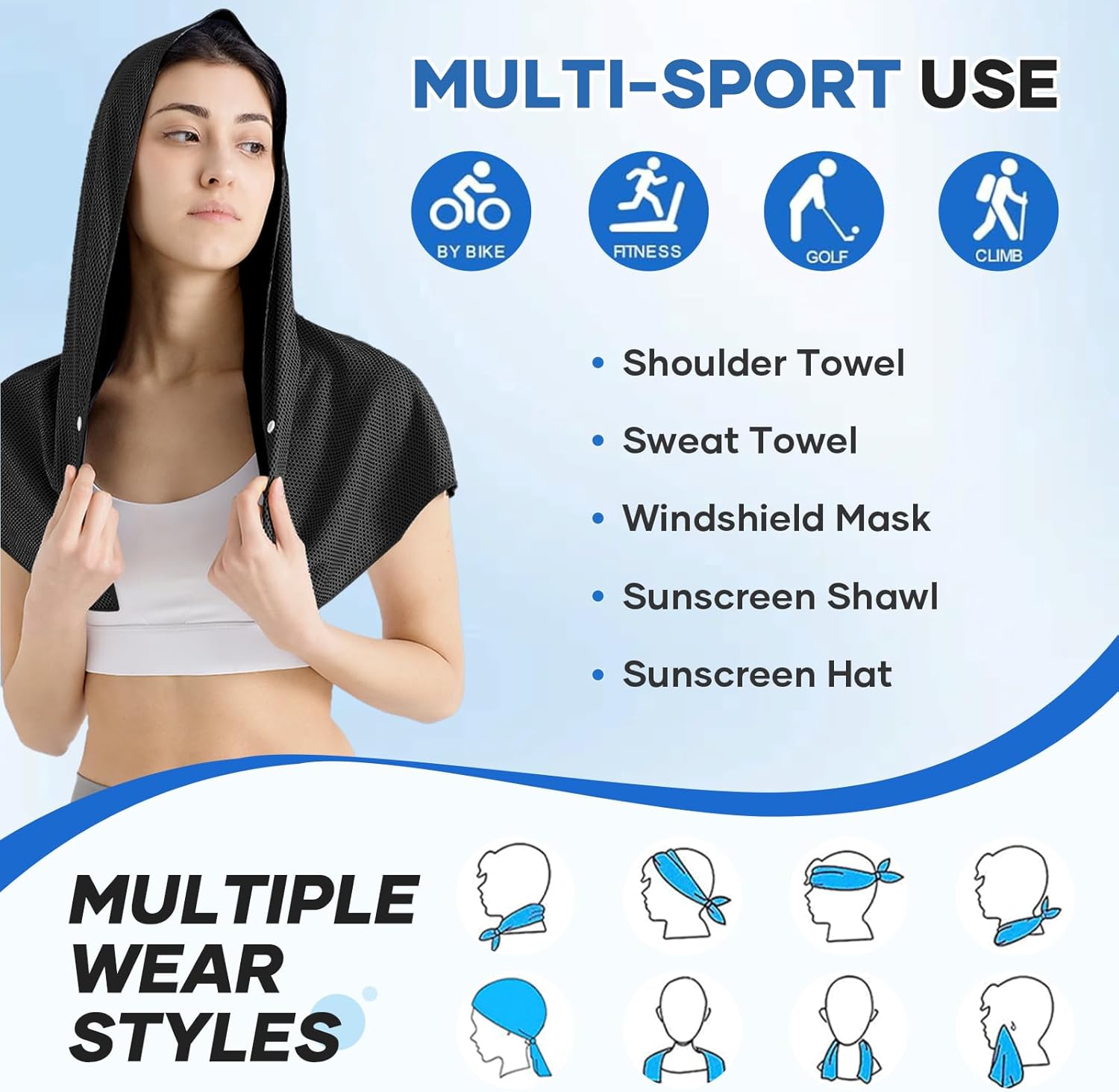 Cooling Hoodie Towel: Cooling Towels for Neck and Face, Quick-Dry Absorbent Soft Breathable Sweat Neck Wraps, Instant Cool Hooded Towels for Hot Weather Running Camping Travel - Black