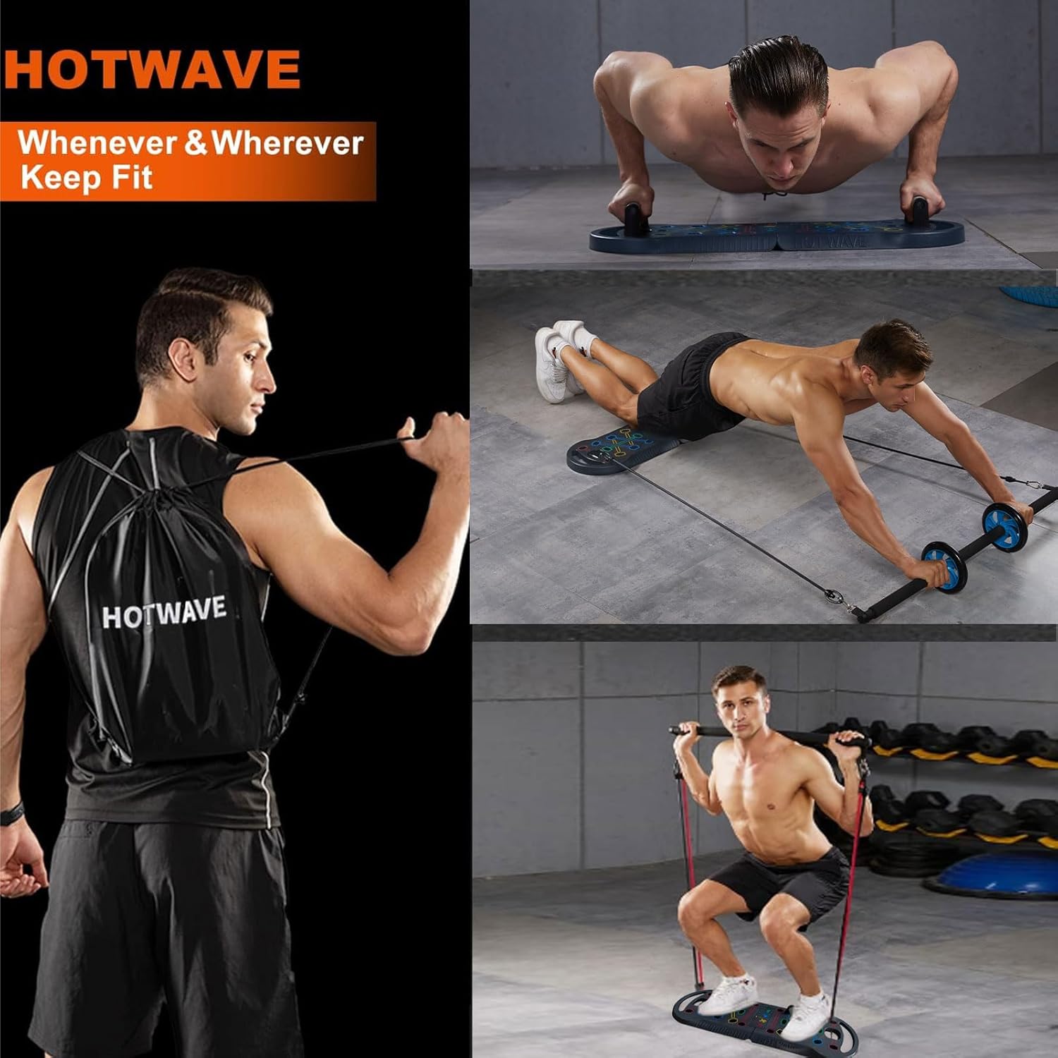 HOTWAVE Portable Exercise Equipment with 16 Gym Accessories.20 in 1 Push Up Board Fitness,Resistance Bands with Ab Roller Wheel,Full Body Workout at Home