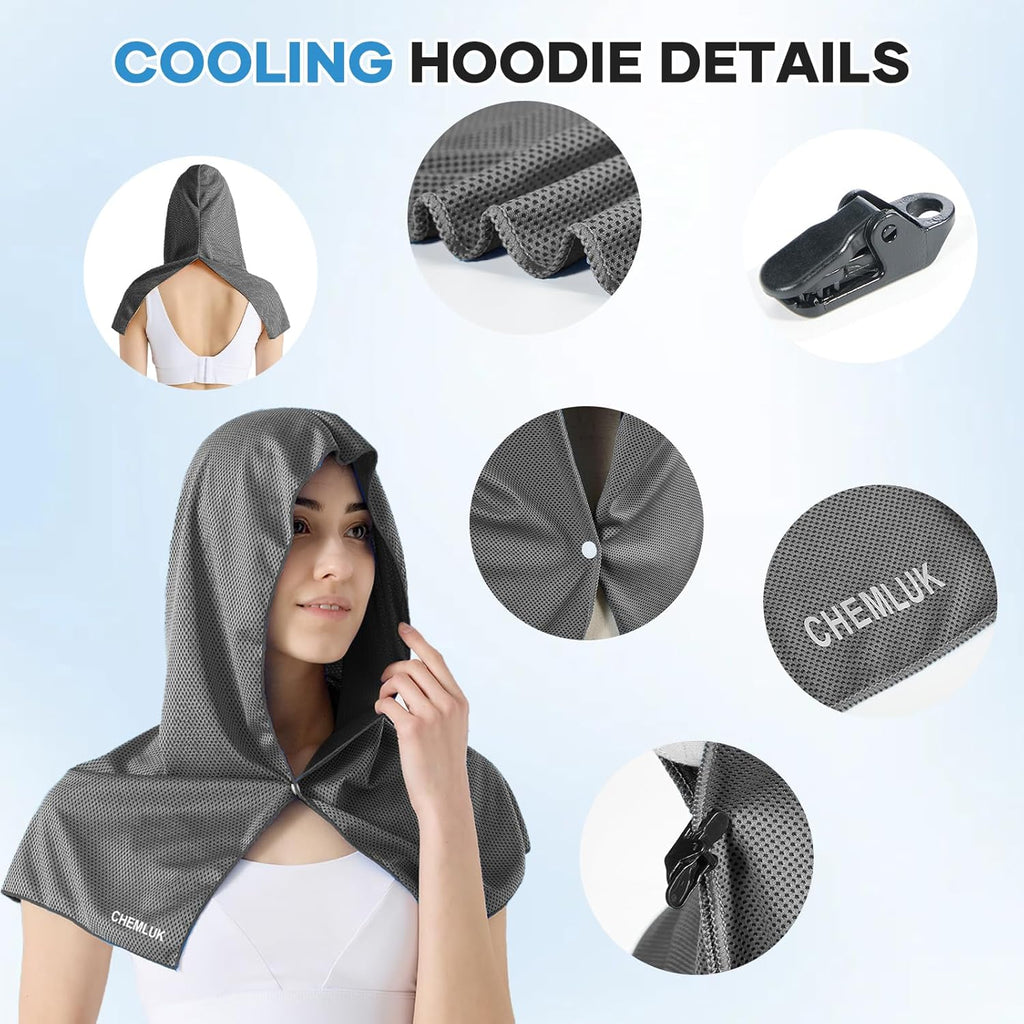 Cooling Hoodie Towel: Cooling Towels for Neck and Face, Quick-Dry Absorbent Soft Breathable Sweat Neck Wraps, Instant Cool Hooded Towels for Hot Weather Running Camping Travel - Black