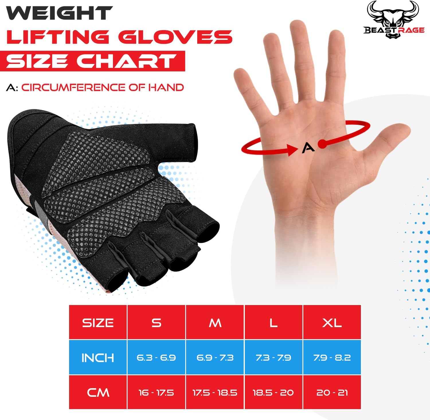 BEAST RAGE Fingerless Weight Lifting Gloves with Palm Protection Padding, Breathable Lightweight Gym Gloves for Men, Women, Weightlifting, Cycling, Exercise, Training Pull Up