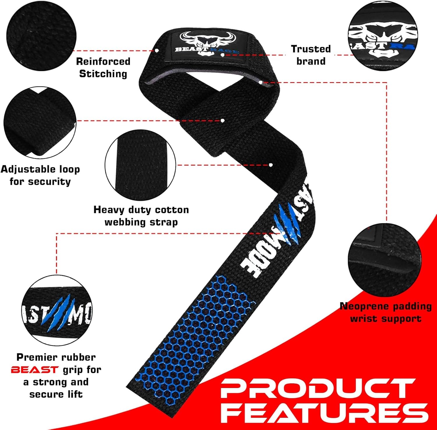 BEAST RAGE Lifting Wrist Straps for Weightlifting, Weight Lifting Straps Gym Grip Power Workouts Lifting Straps Padded Cotton Men Women Wrap Lift Deadlift Straps Hard Pull Exercise