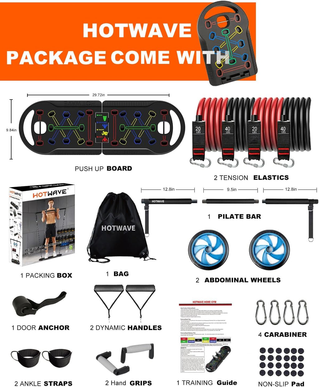 HOTWAVE Portable Exercise Equipment with 16 Gym Accessories.20 in 1 Push Up Board Fitness,Resistance Bands with Ab Roller Wheel,Full Body Workout at Home