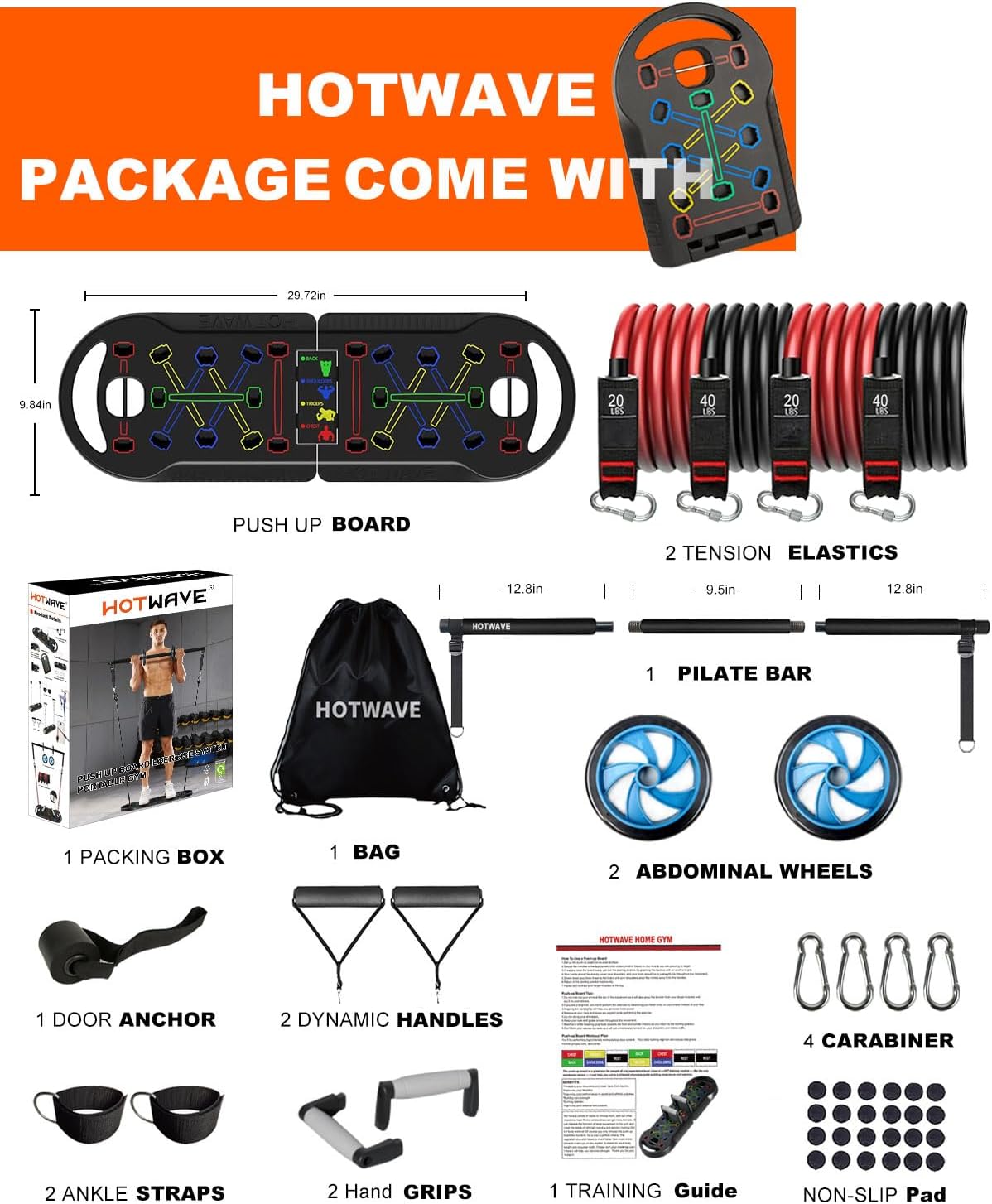 HOTWAVE Portable Exercise Equipment with 16 Gym Accessories.20 in 1 Push Up Board Fitness,Resistance Bands with Ab Roller Wheel,Full Body Workout at Home