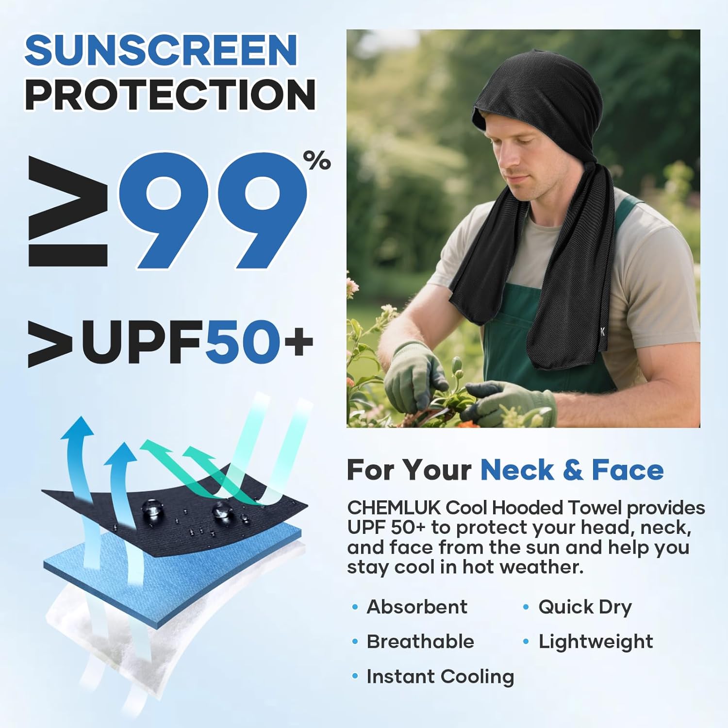 Cooling Hoodie Towel: Cooling Towels for Neck and Face, Quick-Dry Absorbent Soft Breathable Sweat Neck Wraps, Instant Cool Hooded Towels for Hot Weather Running Camping Travel - Black