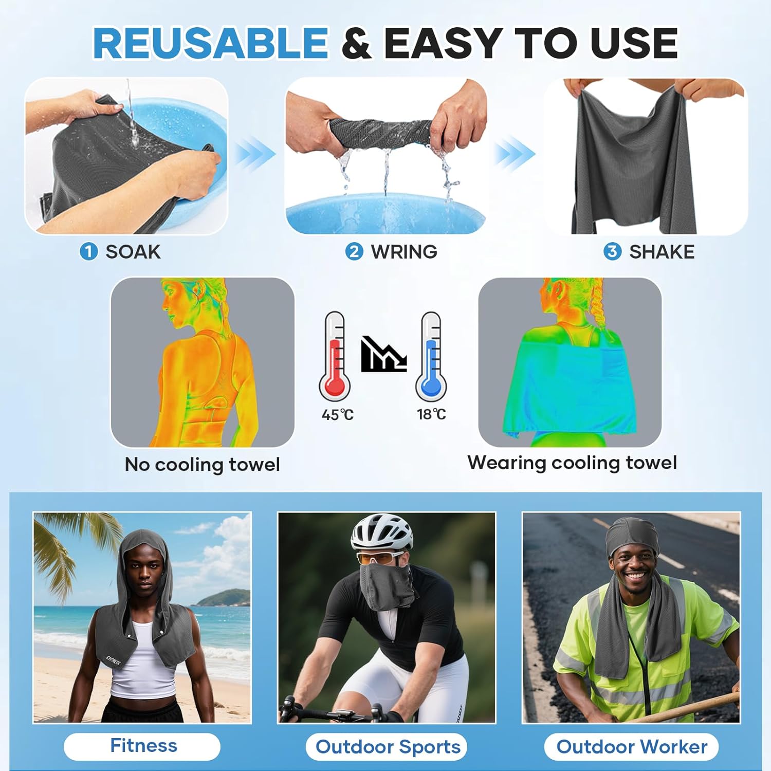 Cooling Hoodie Towel: Cooling Towels for Neck and Face, Quick-Dry Absorbent Soft Breathable Sweat Neck Wraps, Instant Cool Hooded Towels for Hot Weather Running Camping Travel - Black