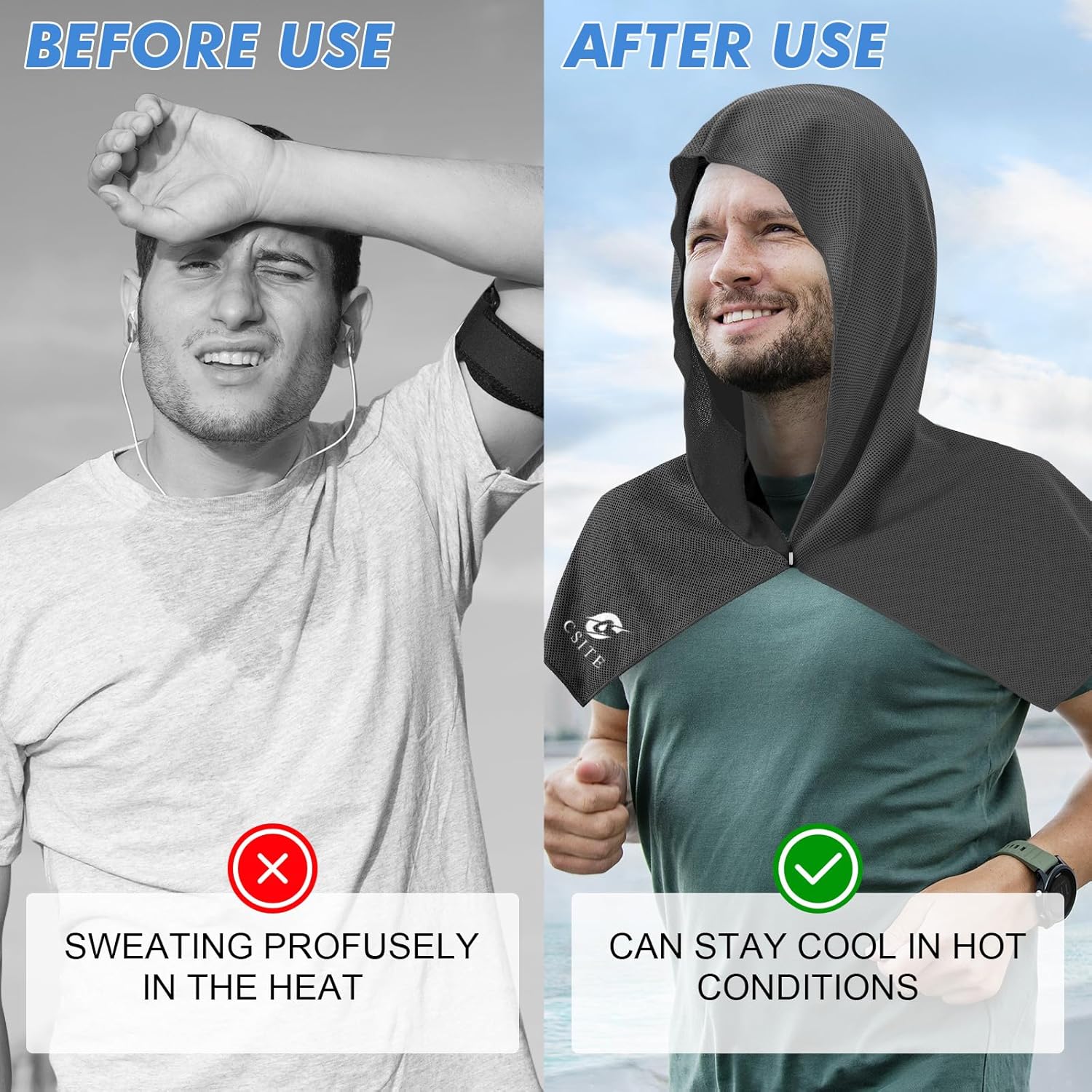 CSITE 3 Pack Cooling Hoodie Towels for Neck and Face, UPF 50 Sun Protection & Instant Cooling, Ice Towels for Hot Weather, Soft Breathable Towel for Sport, Work Out, Gym, Camping & More Activities