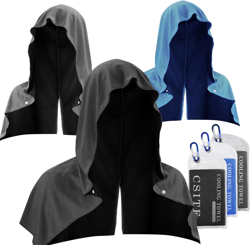 CSITE 3 Pack Cooling Hoodie Towels for Neck and Face, UPF 50 Sun Protection & Instant Cooling, Ice Towels for Hot Weather, Soft Breathable Towel for Sport, Work Out, Gym, Camping & More Activities