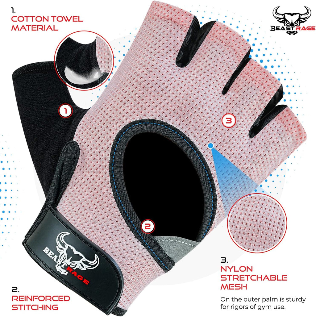 BEAST RAGE Fingerless Weight Lifting Gloves with Palm Protection Padding, Breathable Lightweight Gym Gloves for Men, Women, Weightlifting, Cycling, Exercise, Training Pull Up