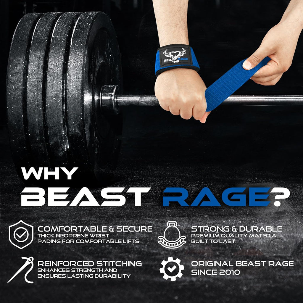 BEAST RAGE Lifting Wrist Straps for Weightlifting, Weight Lifting Straps Gym Grip Power Workouts Lifting Straps Padded Cotton Men Women Wrap Lift Deadlift Straps Hard Pull Exercise