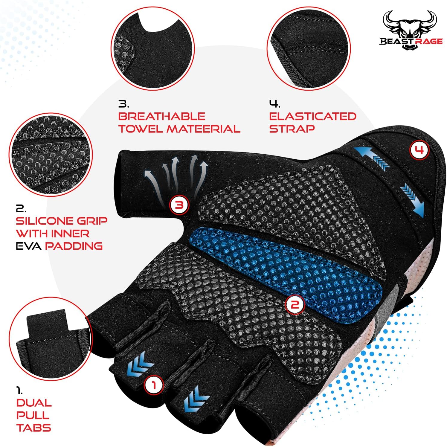 BEAST RAGE Fingerless Weight Lifting Gloves with Palm Protection Padding, Breathable Lightweight Gym Gloves for Men, Women, Weightlifting, Cycling, Exercise, Training Pull Up