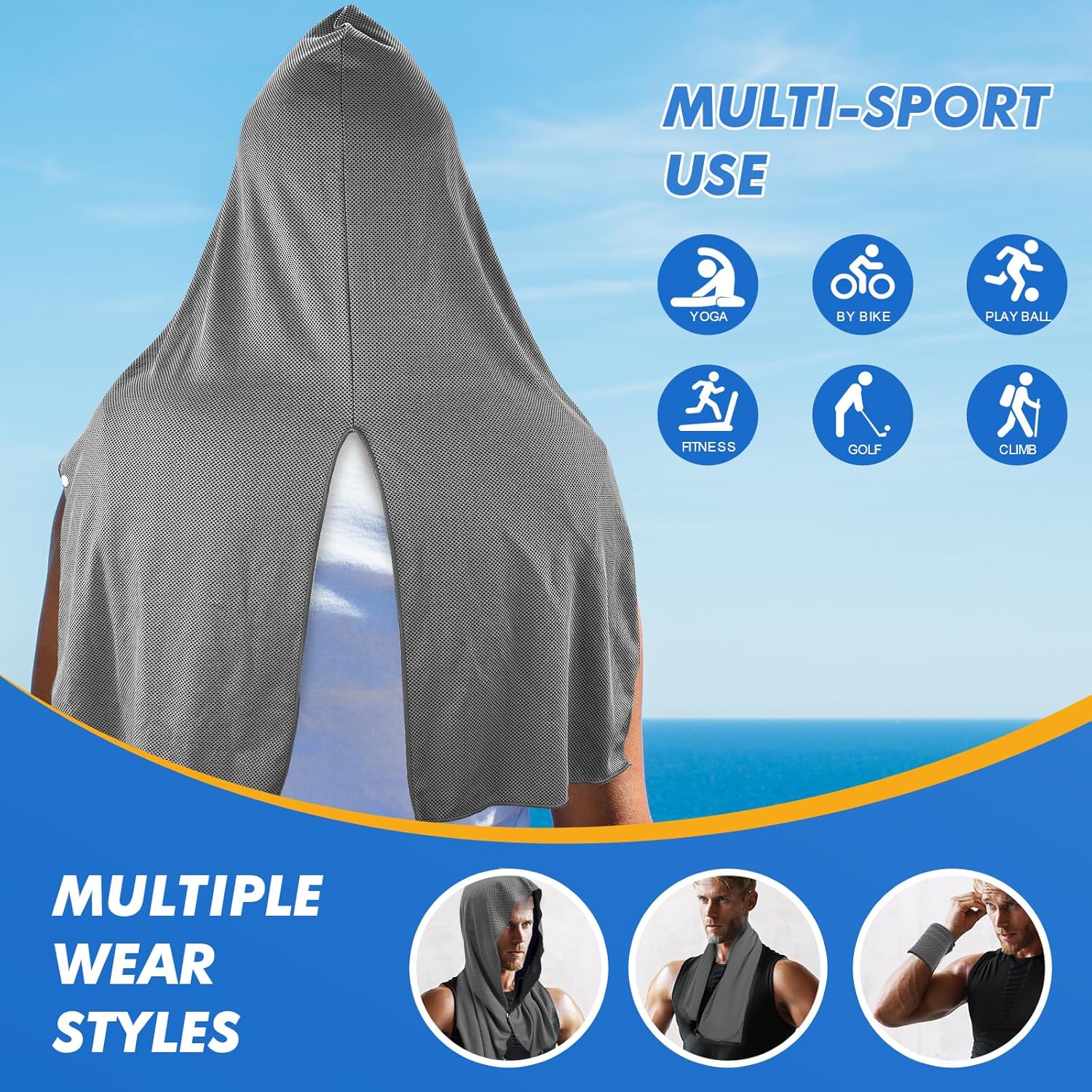 CSITE 3 Pack Cooling Hoodie Towels for Neck and Face, UPF 50 Sun Protection & Instant Cooling, Ice Towels for Hot Weather, Soft Breathable Towel for Sport, Work Out, Gym, Camping & More Activities