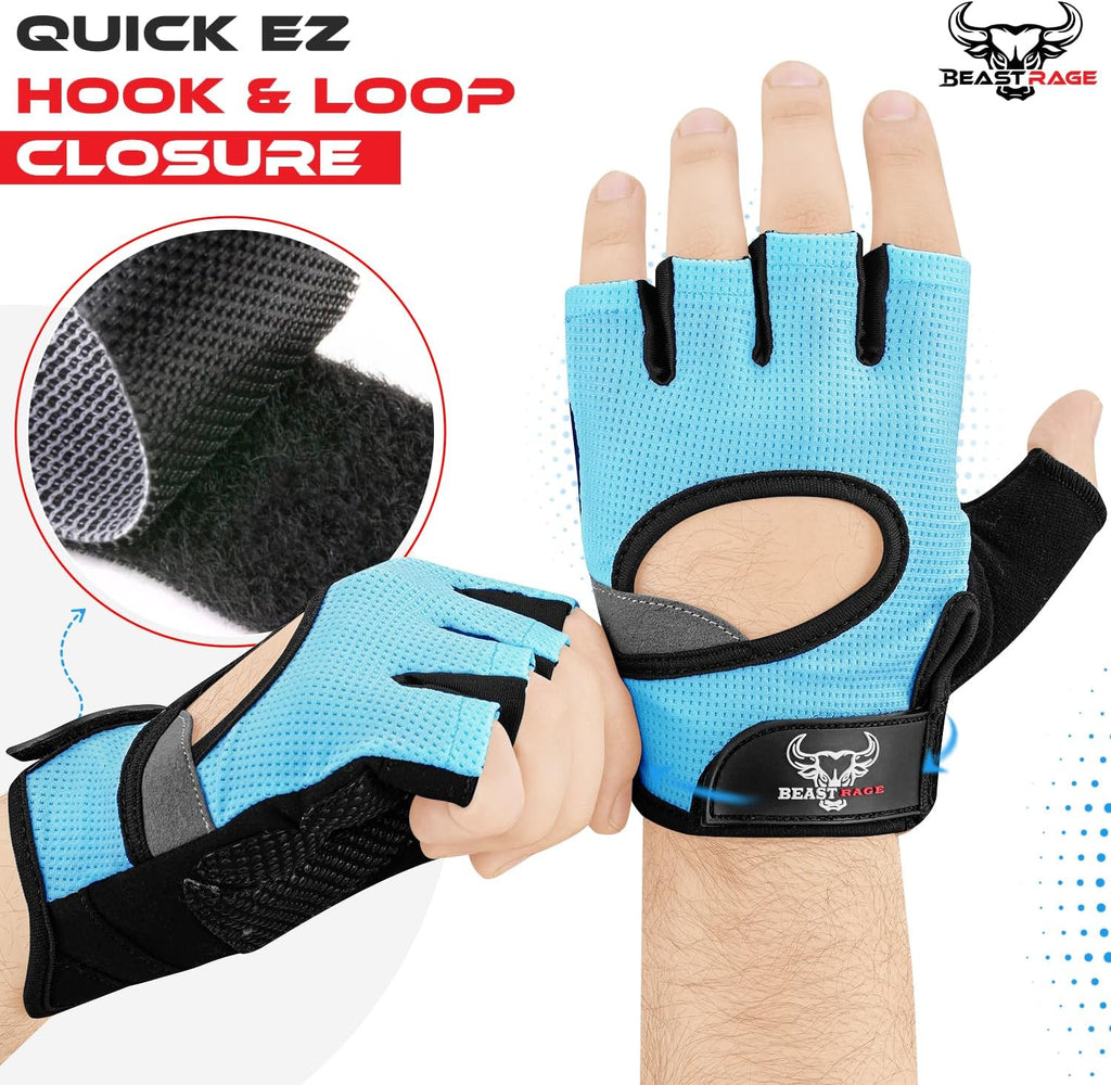 BEAST RAGE Fingerless Weight Lifting Gloves with Palm Protection Padding, Breathable Lightweight Gym Gloves for Men, Women, Weightlifting, Cycling, Exercise, Training Pull Up