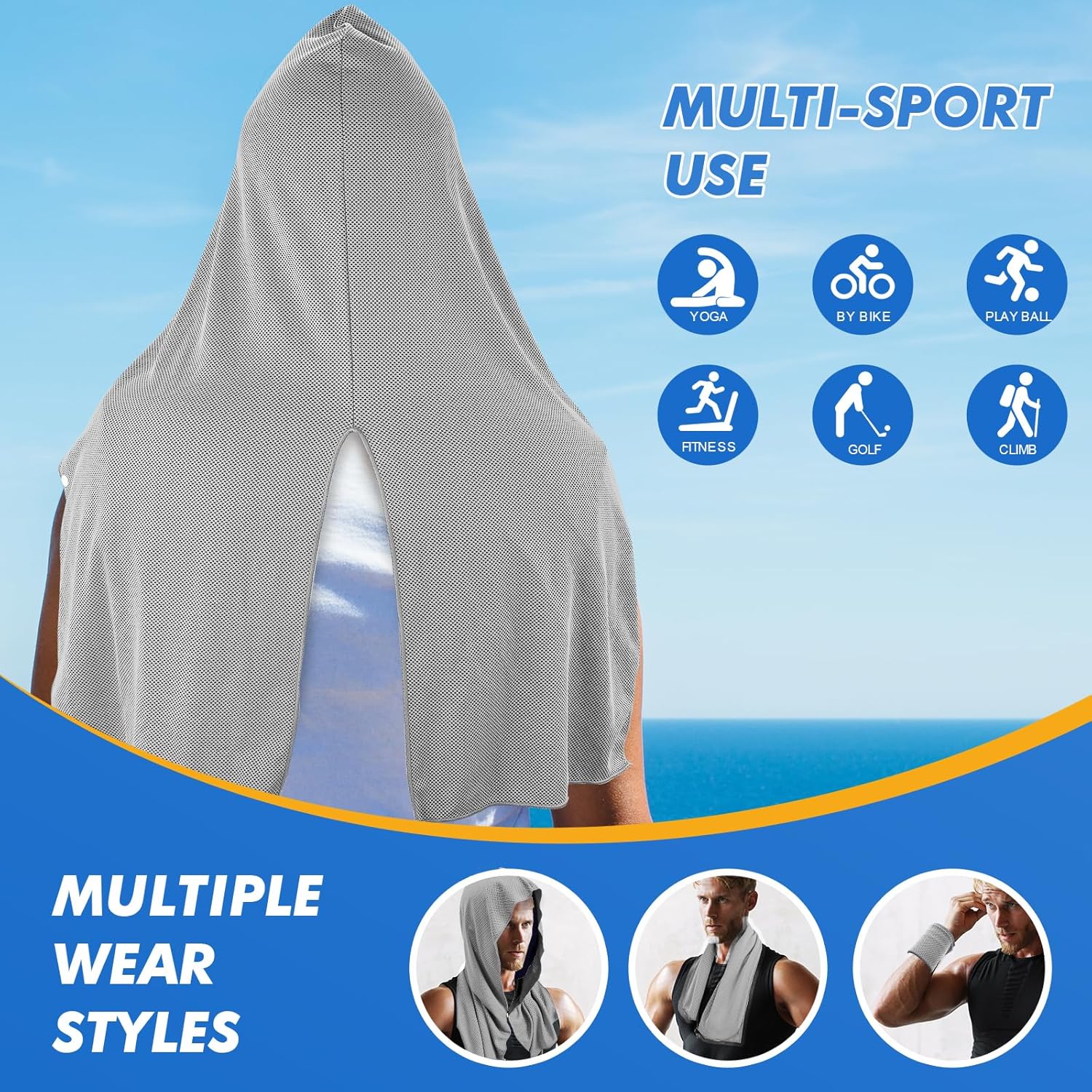 CSITE 3 Pack Cooling Hoodie Towels for Neck and Face, UPF 50 Sun Protection & Instant Cooling, Ice Towels for Hot Weather, Soft Breathable Towel for Sport, Work Out, Gym, Camping & More Activities