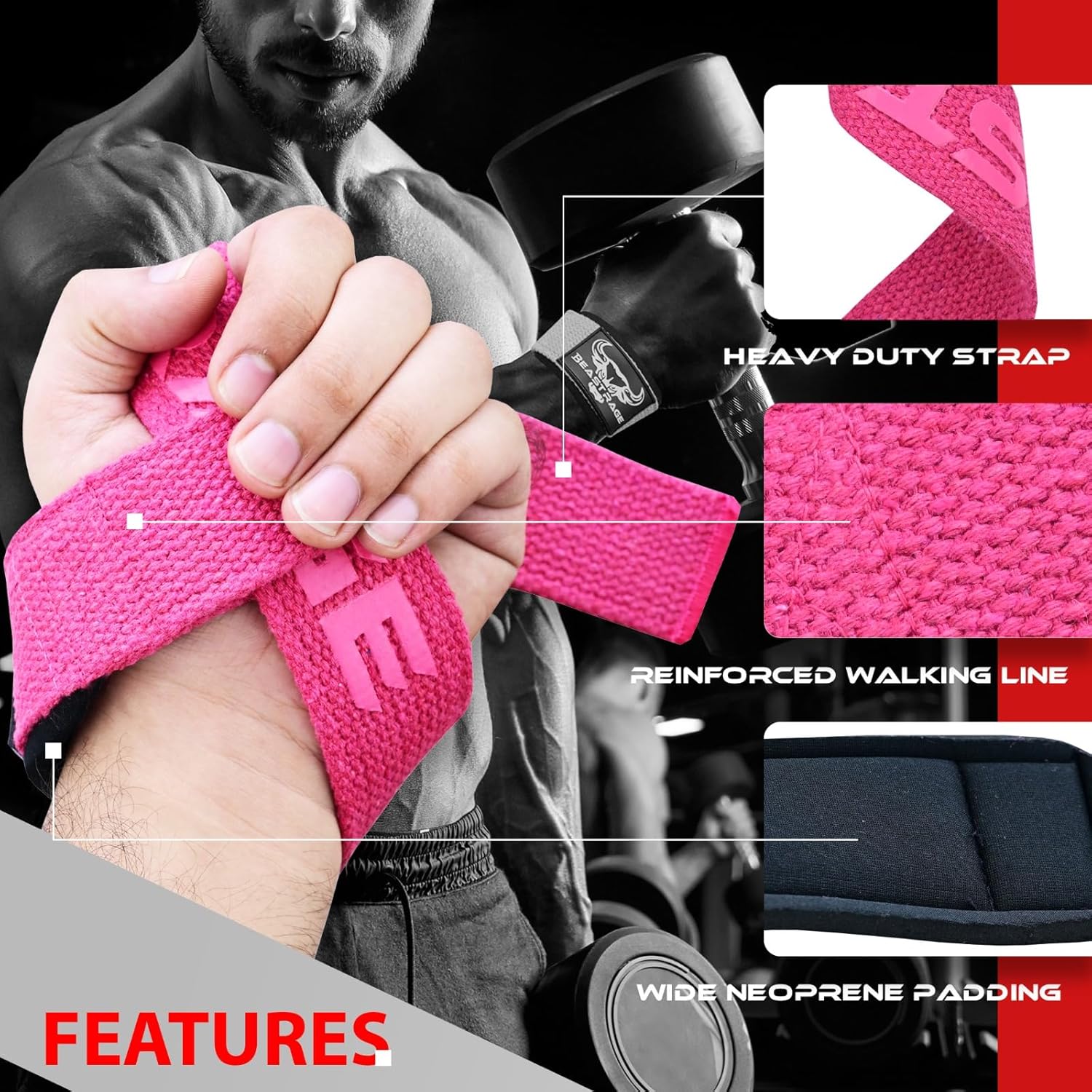 BEAST RAGE Lifting Wrist Straps for Weightlifting, Weight Lifting Straps Gym Grip Power Workouts Lifting Straps Padded Cotton Men Women Wrap Lift Deadlift Straps Hard Pull Exercise