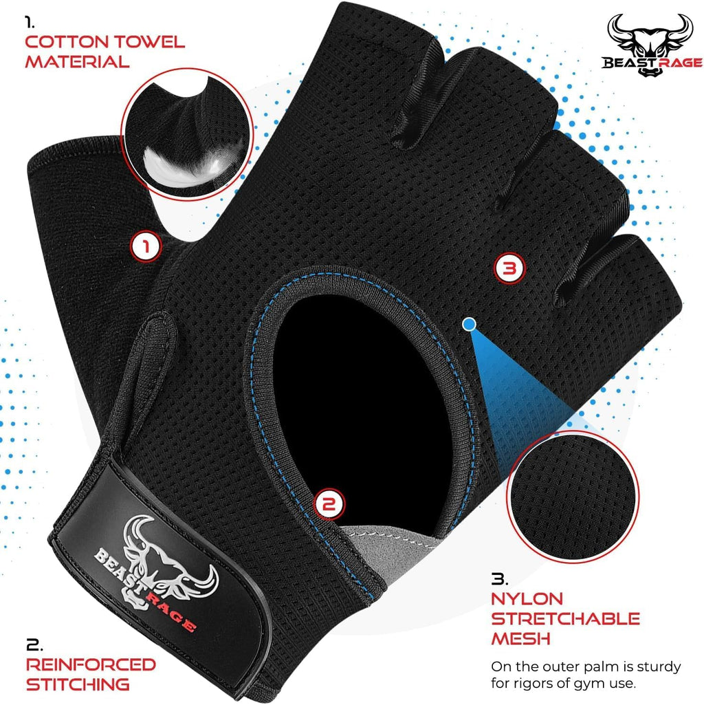 BEAST RAGE Fingerless Weight Lifting Gloves with Palm Protection Padding, Breathable Lightweight Gym Gloves for Men, Women, Weightlifting, Cycling, Exercise, Training Pull Up