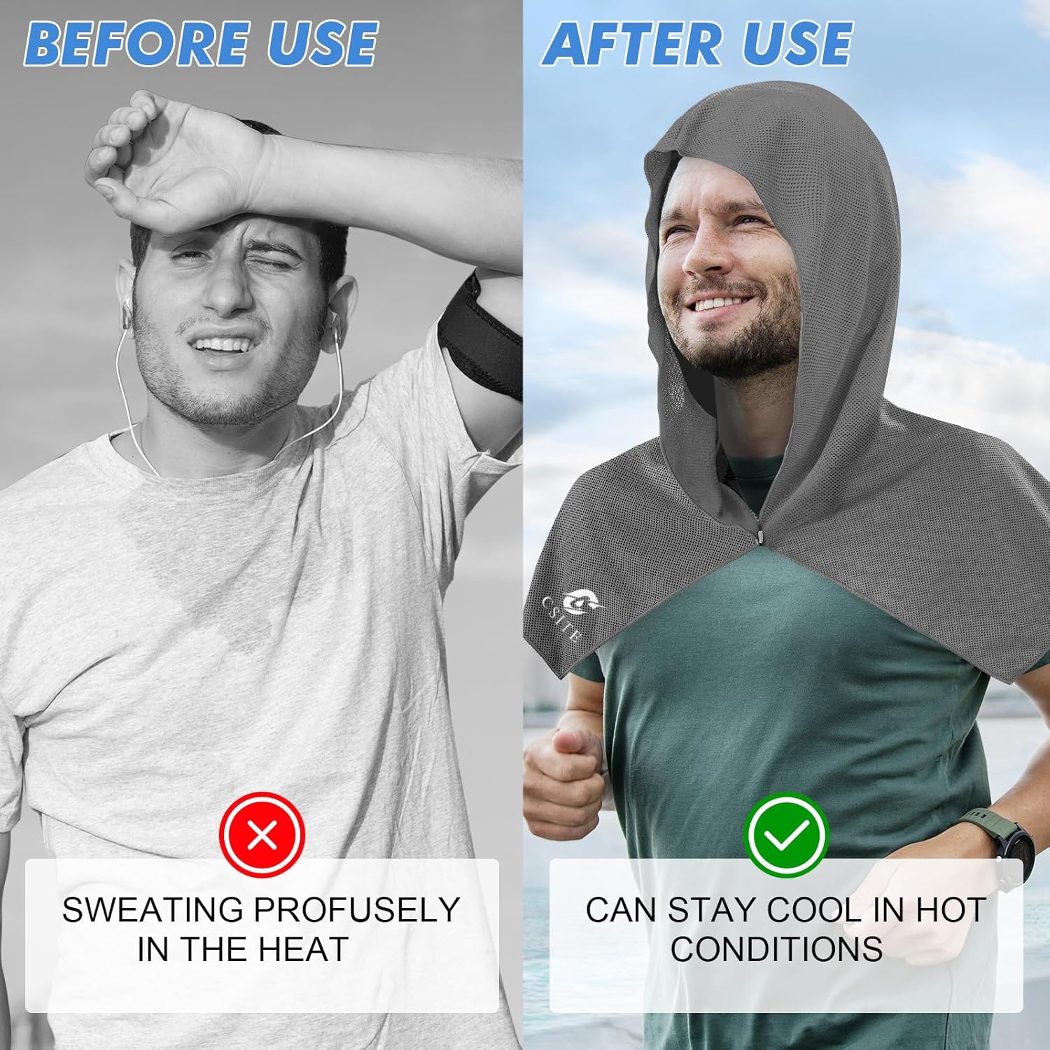 CSITE 3 Pack Cooling Hoodie Towels for Neck and Face, UPF 50 Sun Protection & Instant Cooling, Ice Towels for Hot Weather, Soft Breathable Towel for Sport, Work Out, Gym, Camping & More Activities